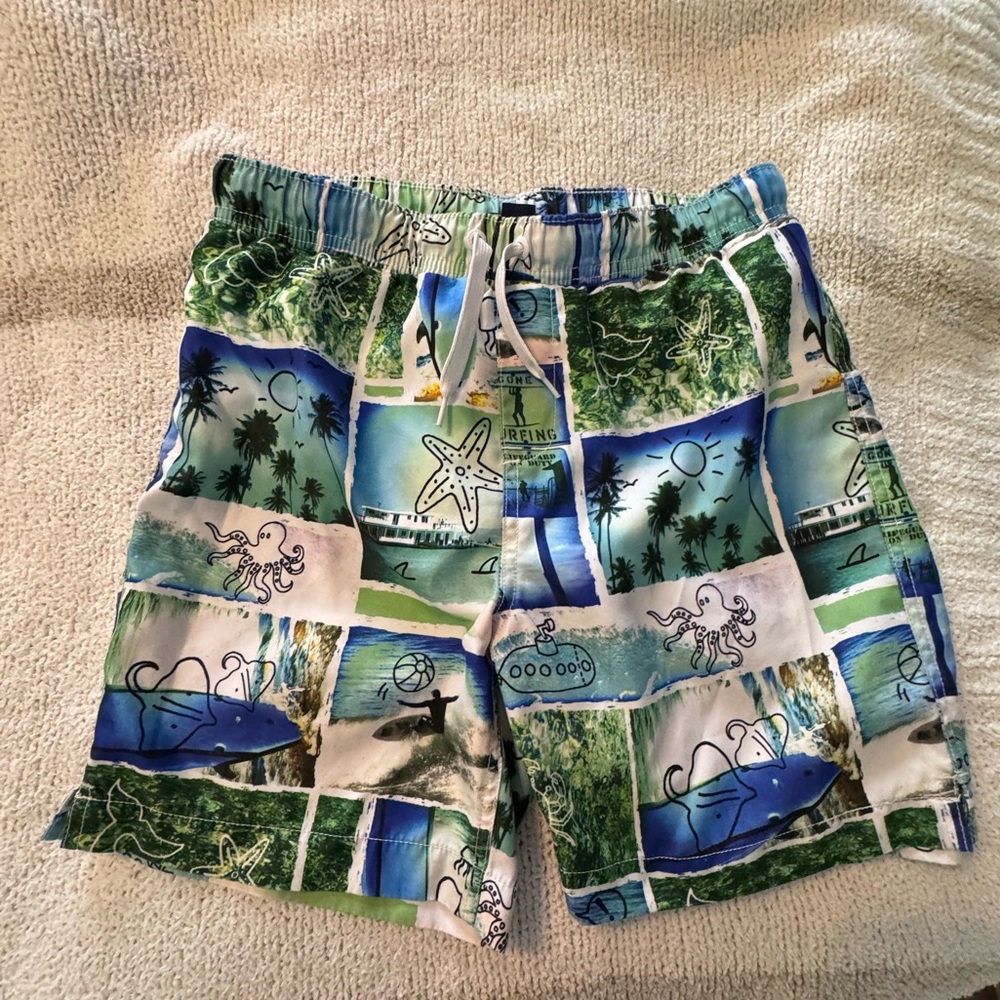 Lands' End Tropical Print Swim Trunks in Blue & Green